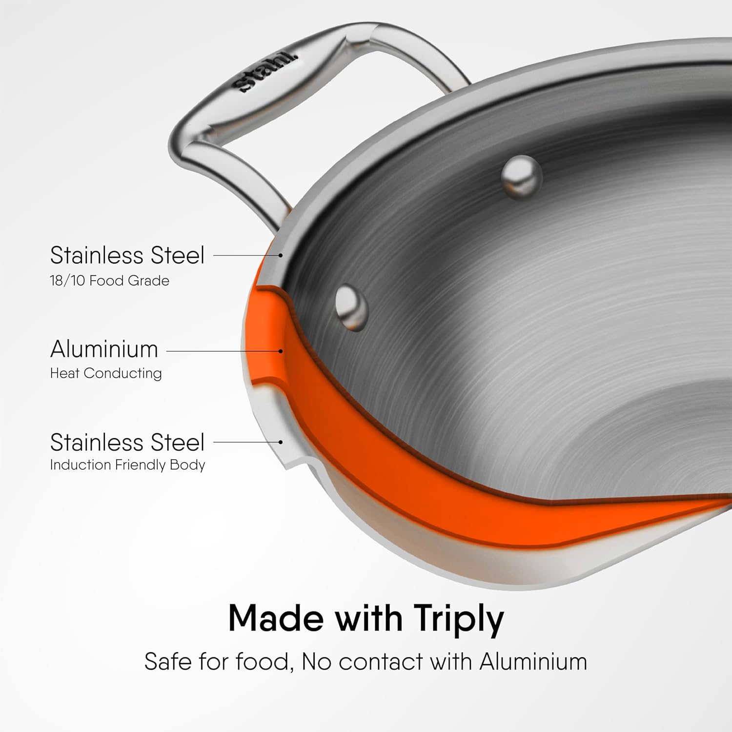 Artisan Triply Silver Stainless Steel Kadhai With Lid, 1.2 Liters | Kadai For Cooking, Stainless Steel Cookware Triply Kadai, Induction & Gas Stove Compatible, 18 Cm