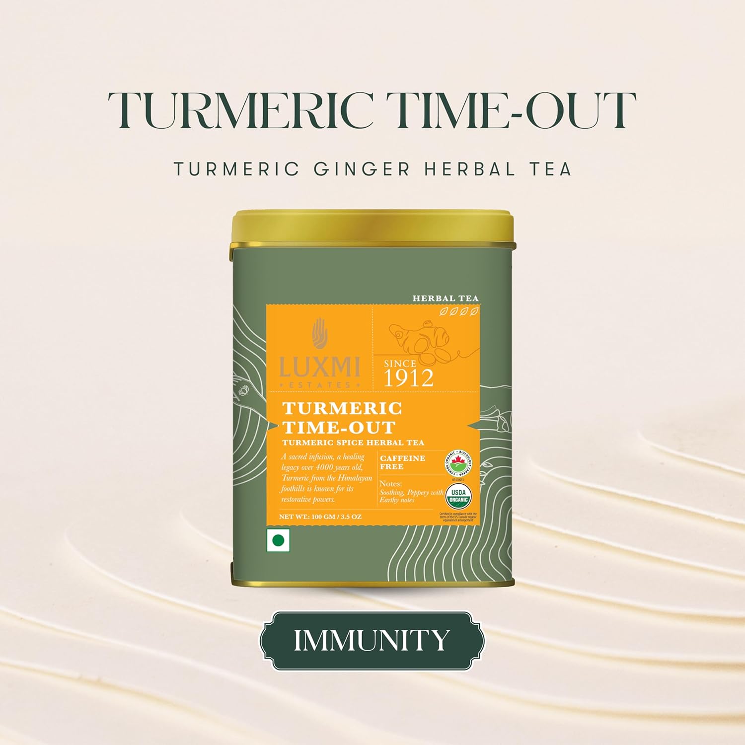 Luxmi Estates Turmeric Timeout Spice Herbal Tea - 100gm, 3.5 Ounce, 50 Cups | USDA Certified Organic Herbal Tea - Caffeine Free Herbal Tea | Made With Turmeric, Ginger, Cardamom, Black Pepper
