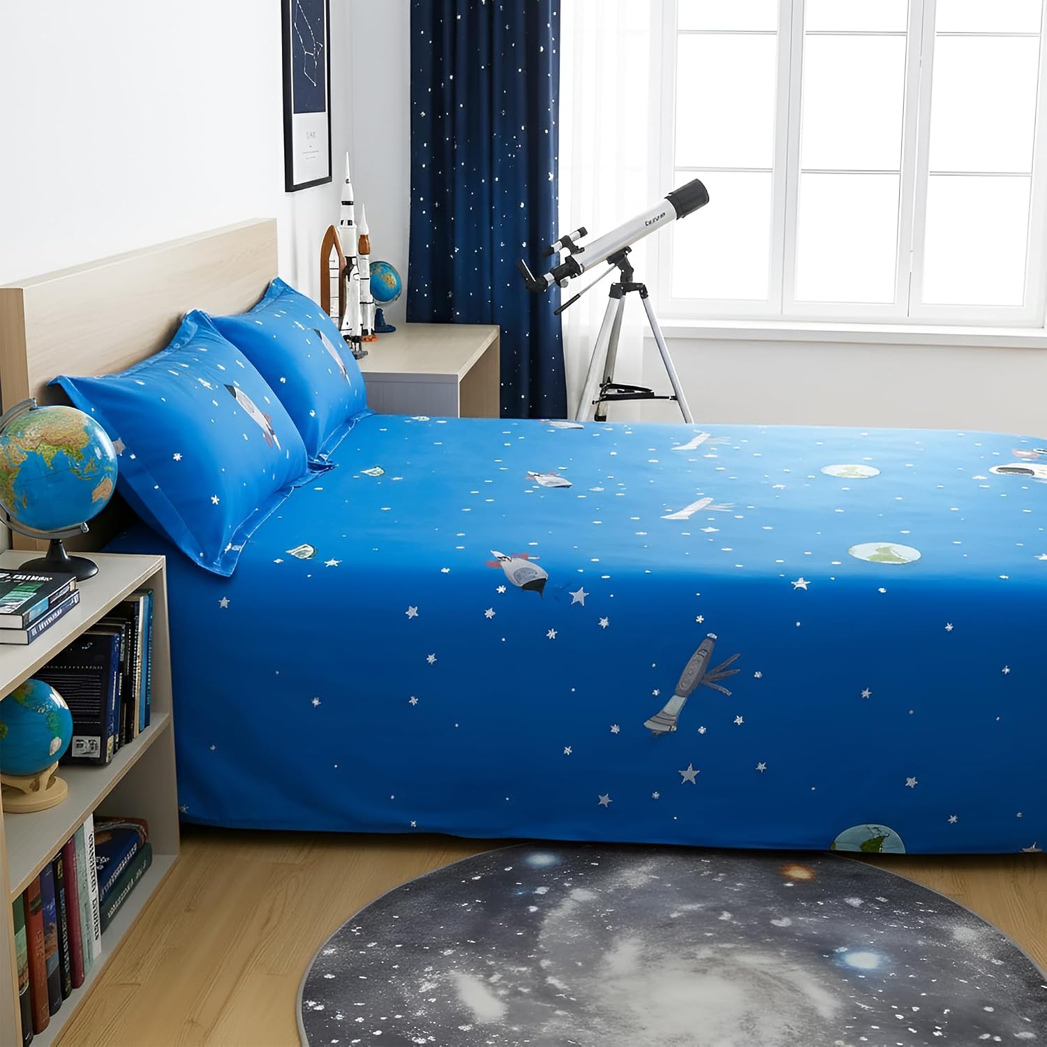 Kids Double Bed Bedsheet Set With 2 Pillow Covers - 88 X 100 Inches, Blue & Grey | Soft Bedding For Boys & Girls | Cosmic Adventure Design