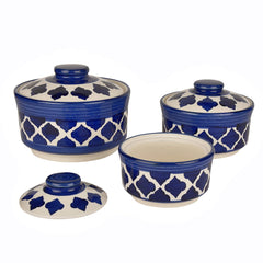 Studio Pottery Hand Painted Ceramic Serving Donga With Lid Casserole Set Of 3 - 900ml, 500ml & 300ml, Blue | Dinner Serving Set - Stackable Kitchen Bowl Set