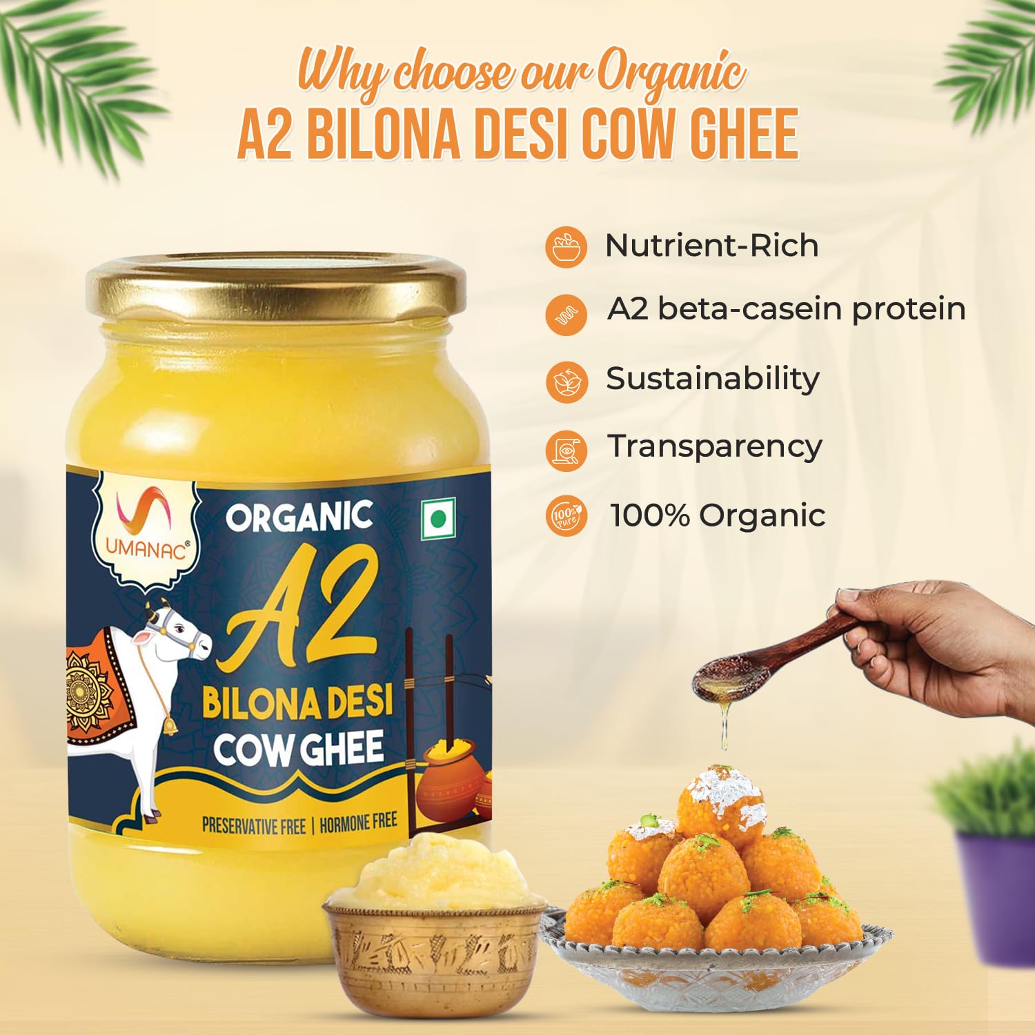 100% Pure A2 Bilona Desi Cow Ghee By Umanac | Traditional Hand Churned Bilona Method Desi Ghee Good For Hair & Skin | (500ml) 16.9 Ounce | Jar Pack