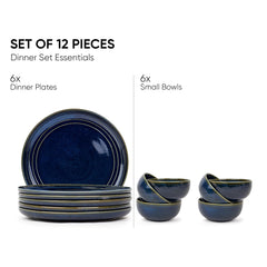 Ceramic Dinner Set Of 12 Pcs, Blue Green | Crockery Set For Dining Table - Dining Sets Crockery Items | Glossy Finish Premium Stoneware Dinner Set | 6 Dinner Plates+ 6 Veg Small Bowls, 180ml Each