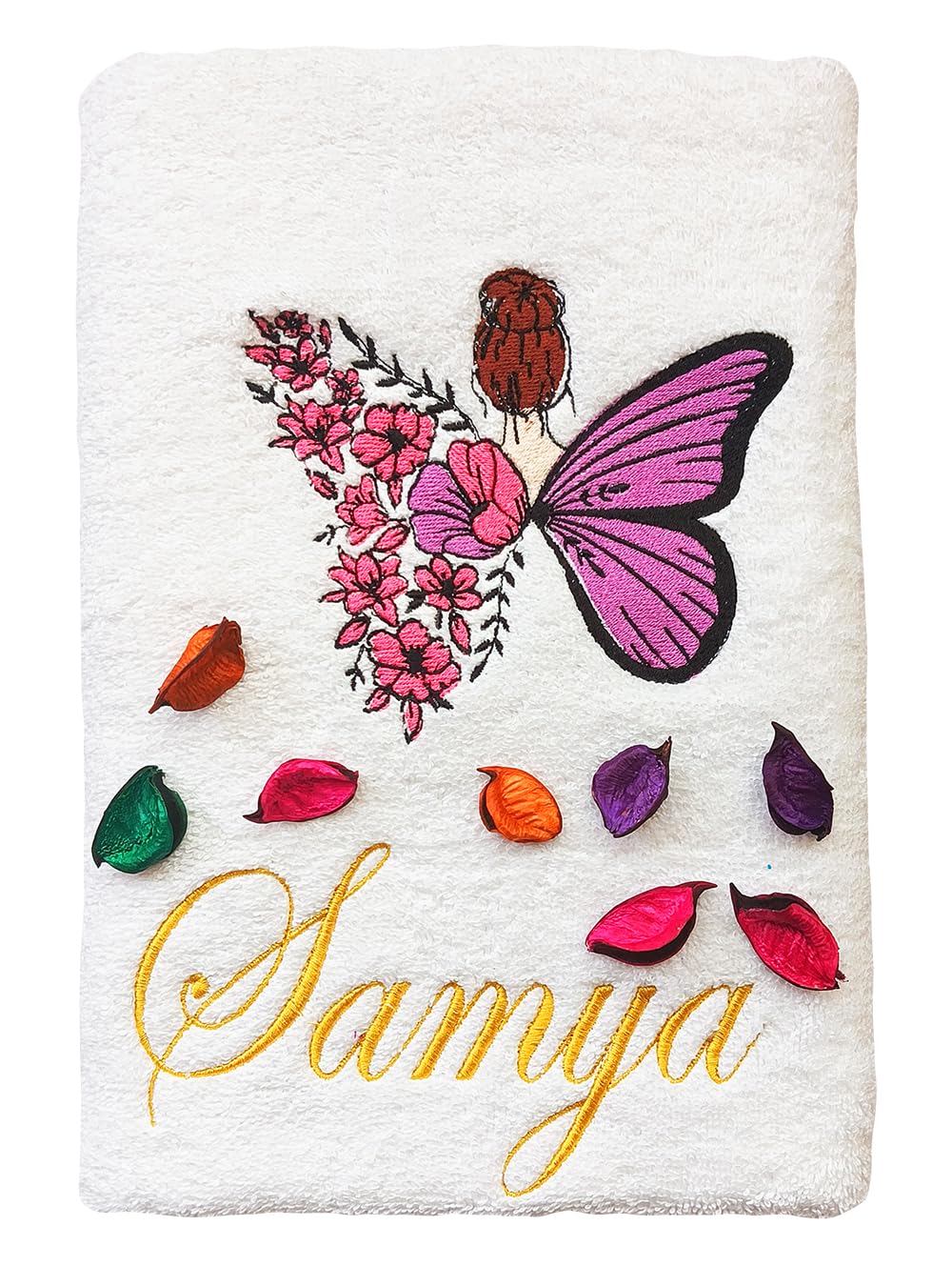 Turtlelittle 100% Cotton Vanity Butterfly Lady Personalised Bath Towel For Women 600 Gsm (White)