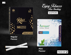 Aarogyam Herbals Pack Of 2 Flavours 100% Tobacco & Nicotine Free Cigarette For Relieve Stress & Mood Enhance Product Mint, Relax Regular - 10 Sticks X 2 Packets