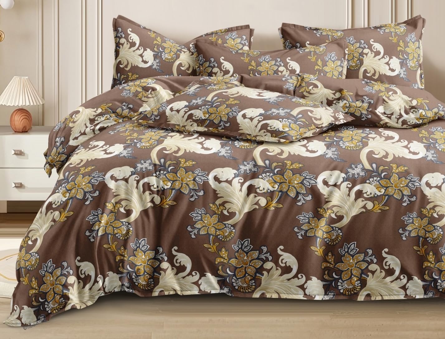 Cotton Elastic Fitted Printed Queen Size Double Bed Bedsheet With 2 Pillow Cover | 60 X 78 Inches, Brown - Soft Touch, Wrinkle Resistant, Skin Friendly