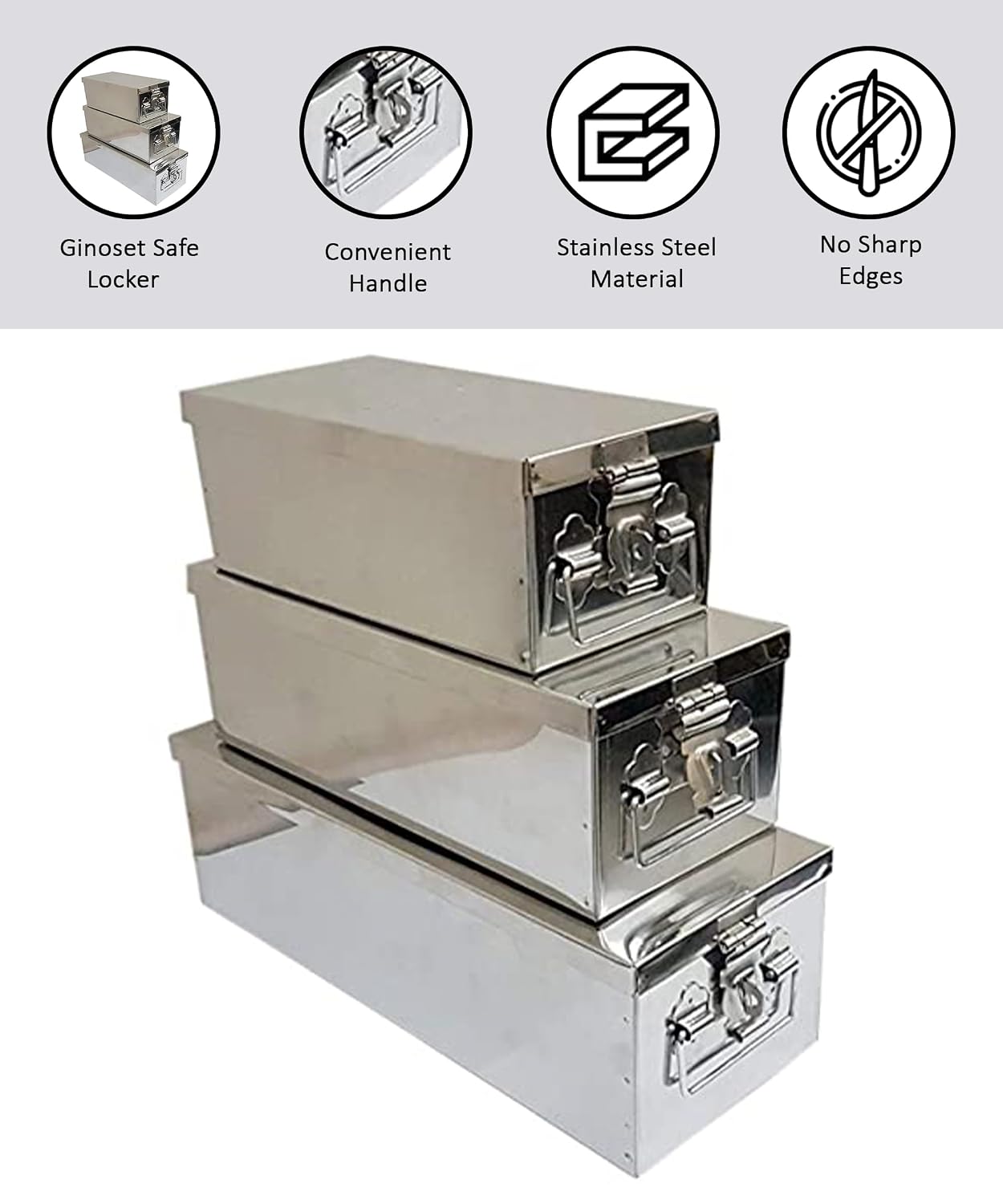 Stainless Steel Safe Locker Boxes For Cash Peti Pooja Jewellery Set Box, Pack Of 3, Size - 8 Inch, 10 Inch, 12 Inch With Plain Design, Special Feature - Portable