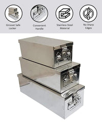 Stainless Steel Safe Locker Boxes For Cash Peti Pooja Jewellery Set Box, Pack Of 3, Size - 8 Inch, 10 Inch, 12 Inch With Plain Design, Special Feature - Portable