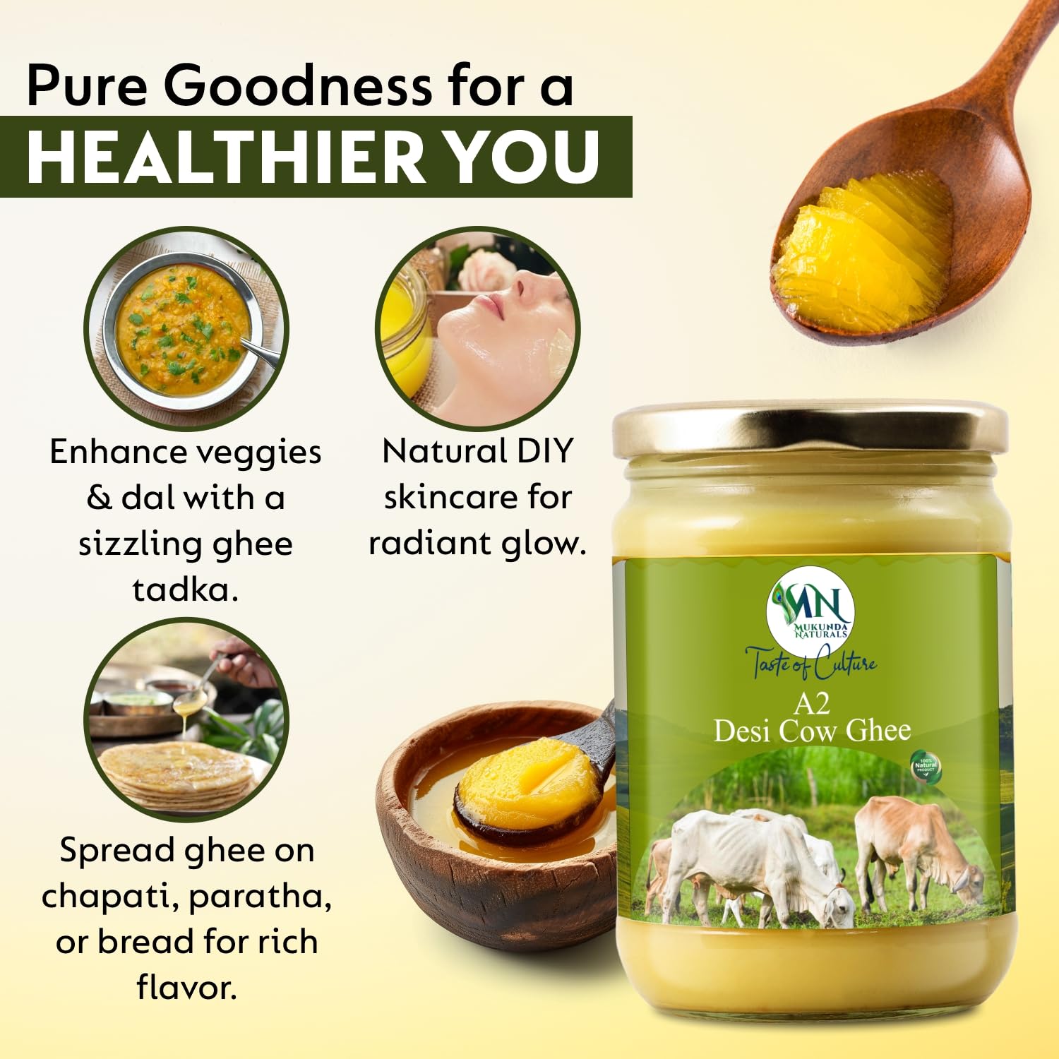 Pure A2 Desi Gir Cow Ghee By Mukunda Naturals | Traditional Bilona Method Grassfed Healthy Desi Cow Ghee Good For Frying & Baking | (1 Litre) 33.8 Ounce | Jar Pack