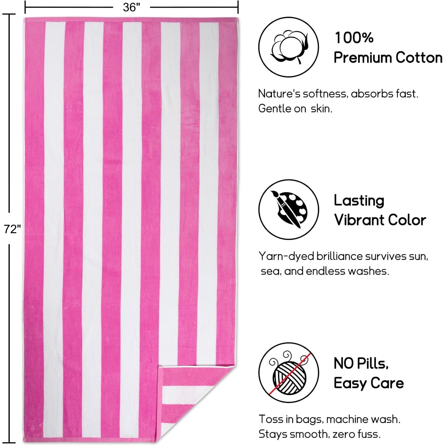 Tiqh Organic Cotton Highly Absorbent & Quick Dry Extra Large Beach Oversized Towel, Cabana Stripe Beach Towel 500 Gsm (Pink)
