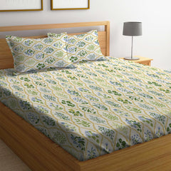 Double Bed Bedsheet With 2 Pillow Covers - 72 X 78 X 10 Inches, Yellow & Green | Elastic Fitted Printed King Size Bedsheet | Soft, Breathable & Wrinkle-Free