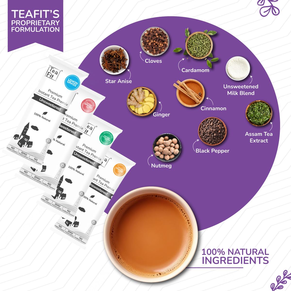 Teafit Premium Milk Tea Premix Assorted Tea - Pack Of 10 Sachets With Spoon | Made With Ginger Cardamom Masala Saffron Lemongrass - Just Add Water | No Sweeteners, Gluten Free
