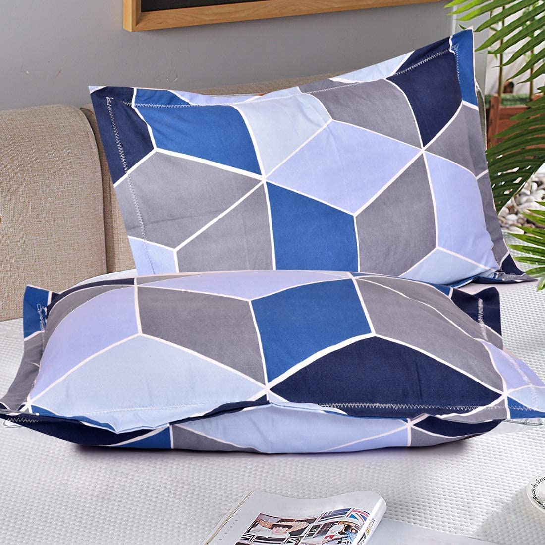 Glace Cotton Elastic Fitted Printed Double Bed King Size Bedsheet With 2 Pillow Cover | 72 X 72 Inches, Blue & Grey - Wrinkle Resistant, Breathable Bedsheet