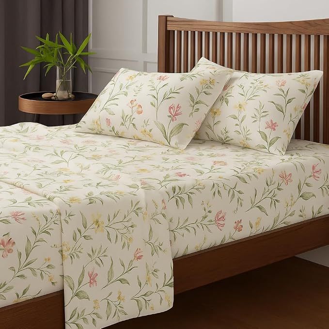 King Size Bedsheet Set Includes Pillow Covers - 108x108 Inch, White | Morning Petal Floral Design Soft & Breathable Fabric - Vibrant Bedding For Stylish Bedrooms