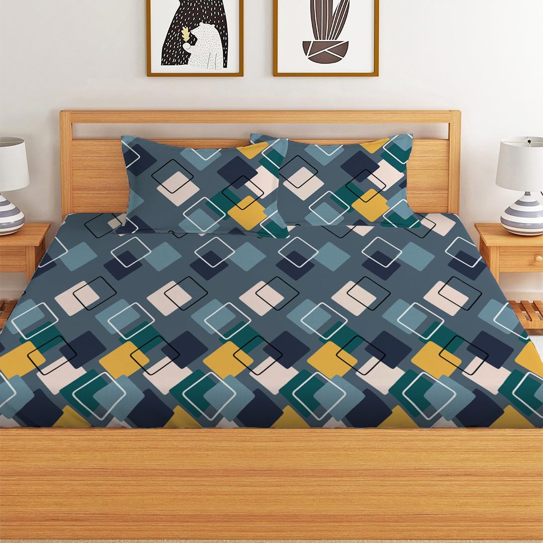 Elastic Fitted Printed Queen Size Double Bed Bedsheet With 2 Pillow Covers | 60 X 78 X 10 Inches, Multicolor | Super Soft Premium Brushed Glace Cotton Material