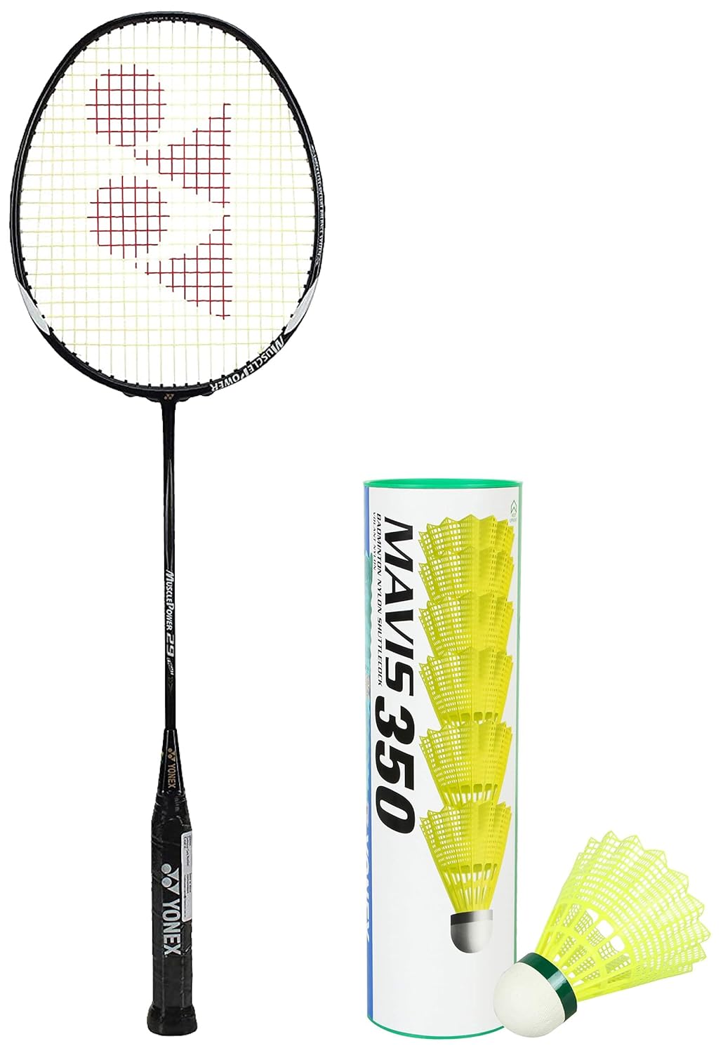 Yonex Graphite Badminton Racquet MUSCLE POWER 29LIGHT Black Grey G4, 89.9 Grams, 30 Lbs Tension + MAVIS 350 Green Cap Nylon Shuttlecock, Colour - Yellow