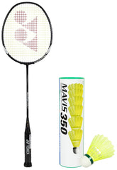 Yonex Graphite Badminton Racquet MUSCLE POWER 29LIGHT Black Grey G4, 89.9 Grams, 30 Lbs Tension + MAVIS 350 Green Cap Nylon Shuttlecock, Colour - Yellow