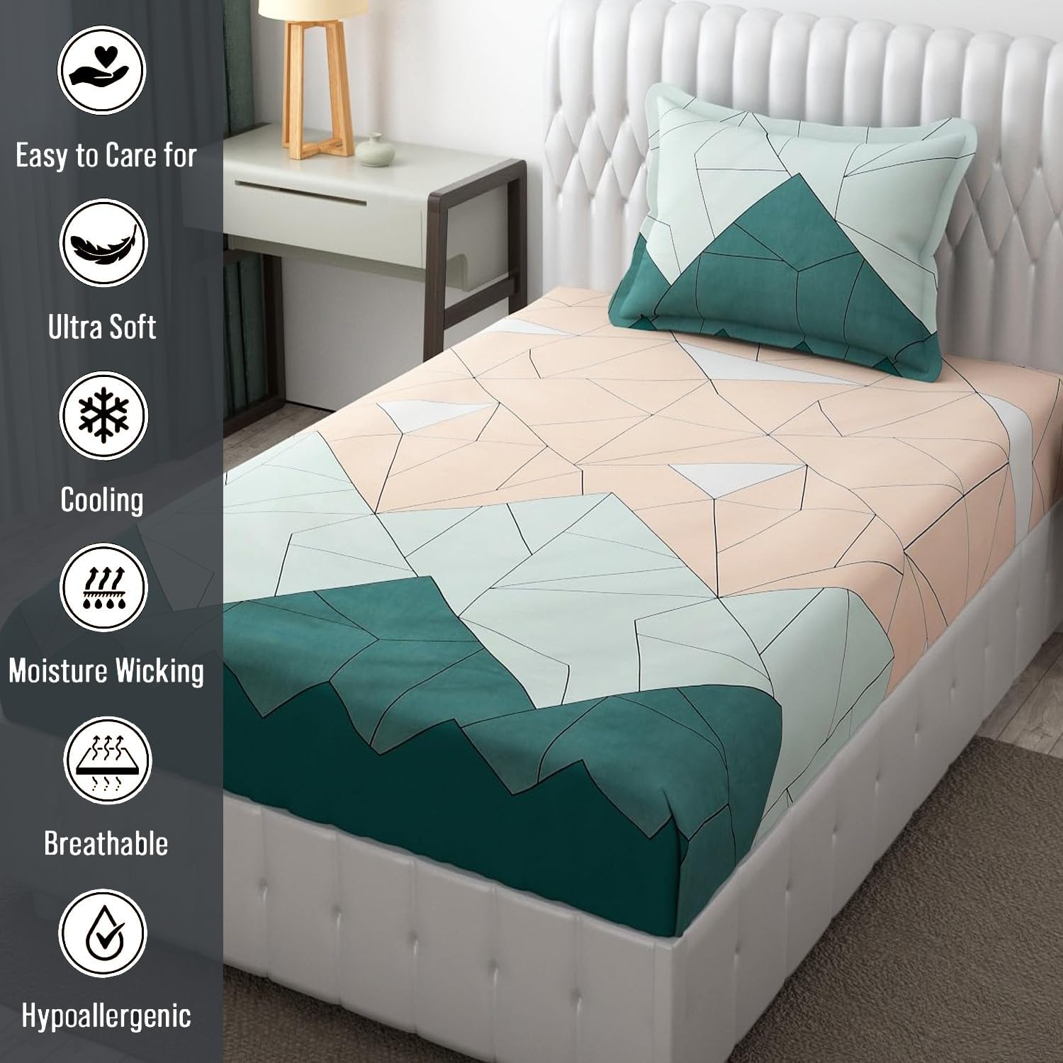 Soft Cotton Printed 1 Single Bedsheet With 1 Large Size Pillow Covers - 60 X 90 Inches, Beige & Green | 240 Thread Count - Light Weight, Suitable For All Seasons & Easy To Wash