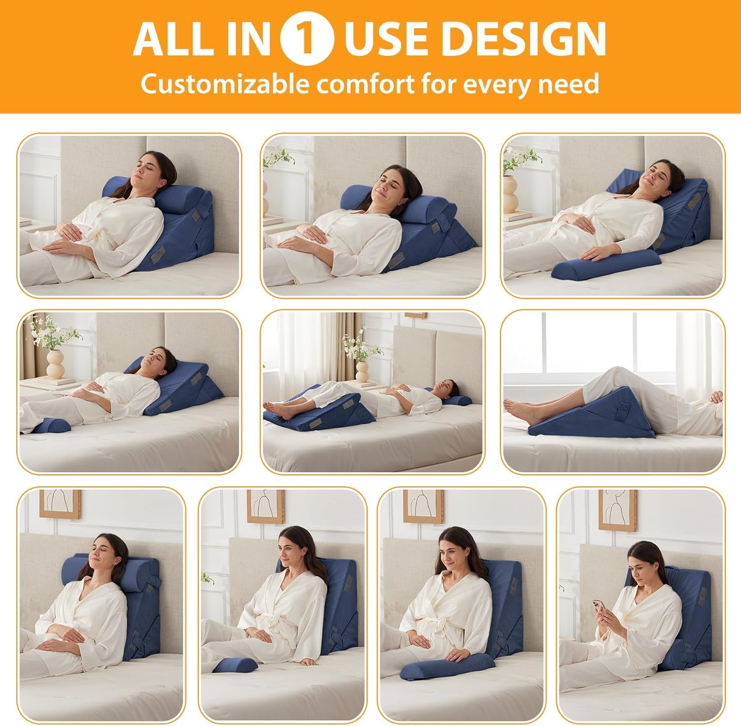Orthopedic Bed Wedge Pillow With Head Rest, Adjustable Wedge Cushion For Sleeping - Navy Blue | Acid Reflux, Heartburn, Leg Support Pillow, Back Support | Comfortable, Pregnancy Pillow