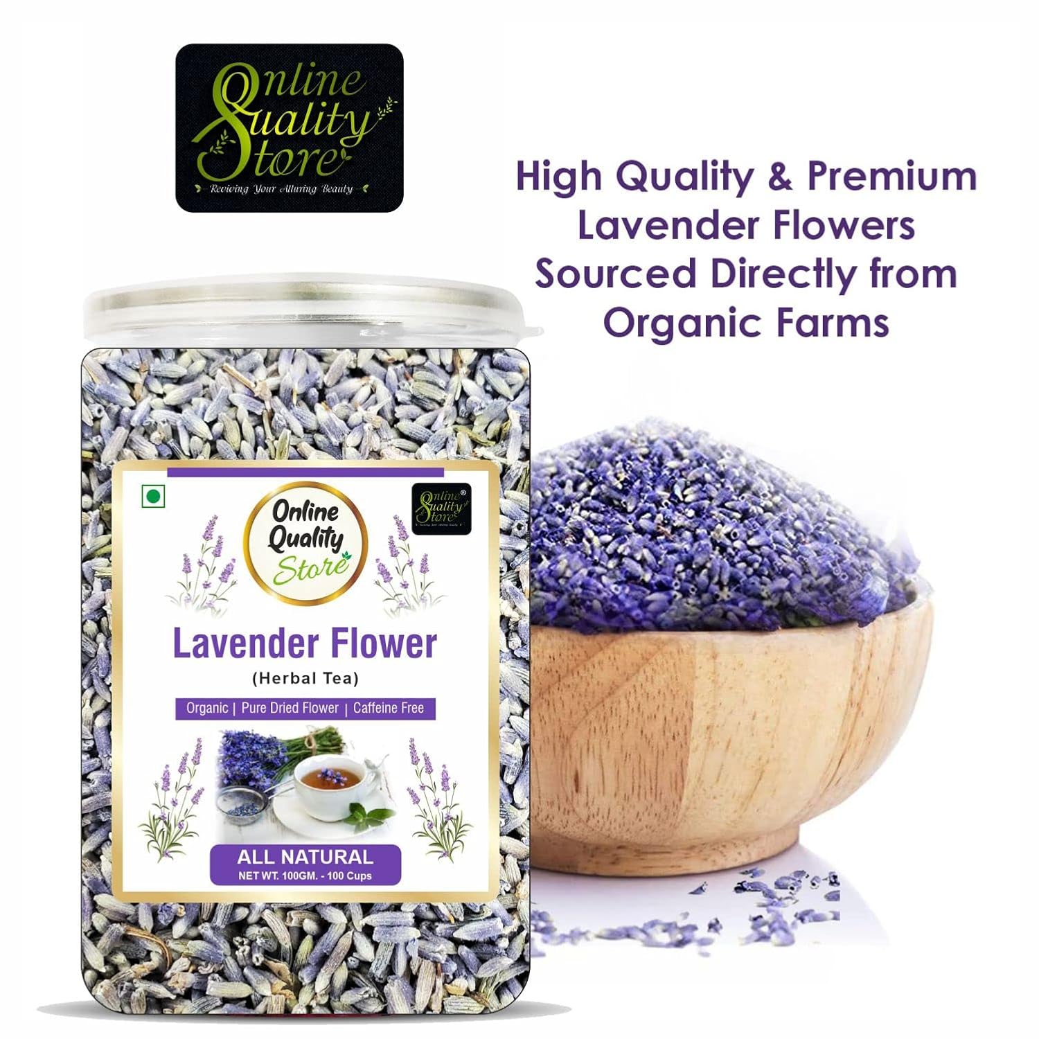 Online Quality Store Lavender Flower Herbal Tea - 100gm, 3.5 Ounce, 100 Cups | Organic Pure Dried Flower Iced Tea - Improves Skin Quality | Caffeine Free