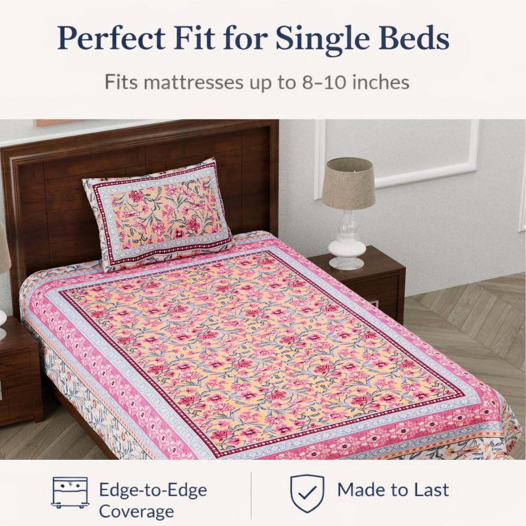Soft Cotton Single Size Bedsheet With 1 Pillow Cover - 60 X 90 Inches, Blush & Pink | Durable For Everyday Use - All Season Comfort