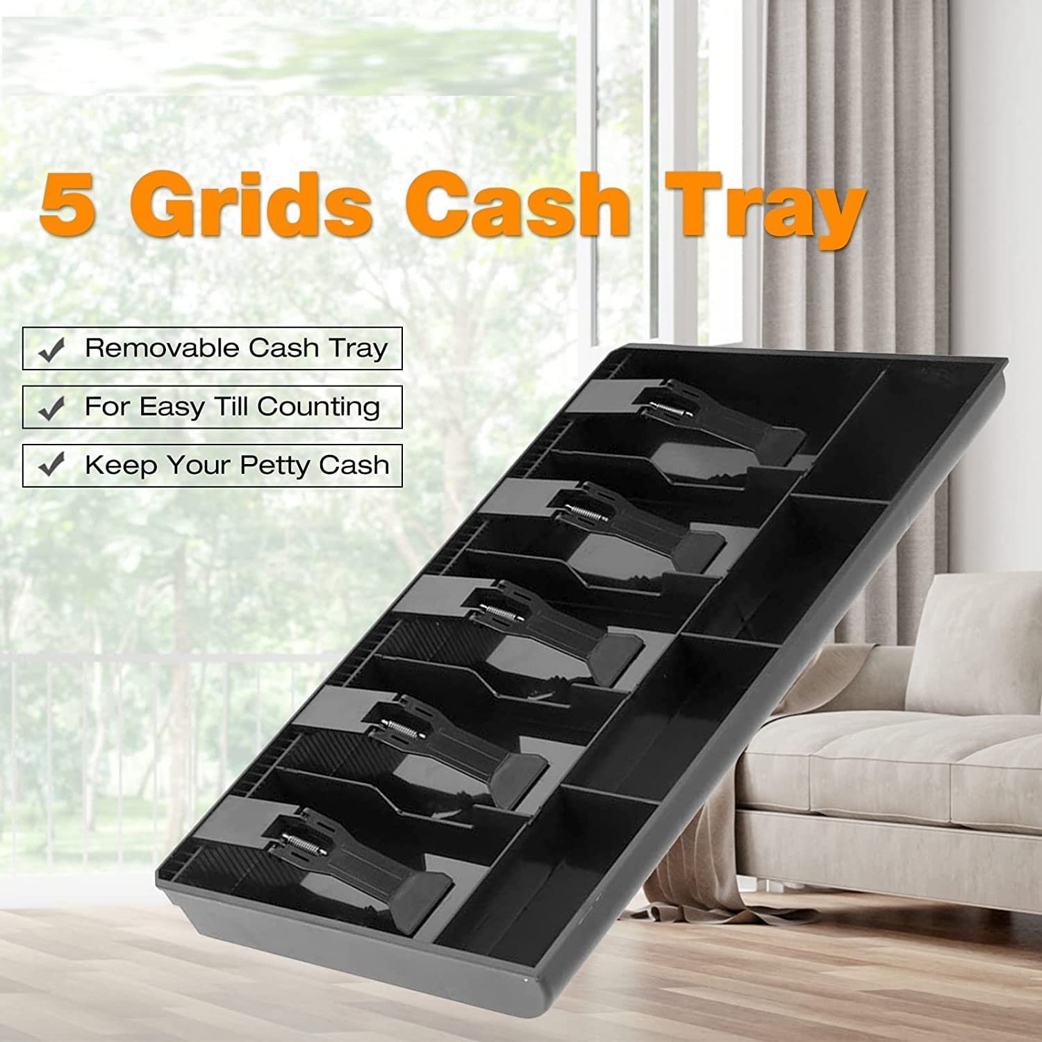 Cash Money Tray Abs Plastic Cash Drawer 5 Cash & 4 Coin Compartment Cashier Storage Box 40.4 X 24.4 X 3.6 Cm, Colour - Black