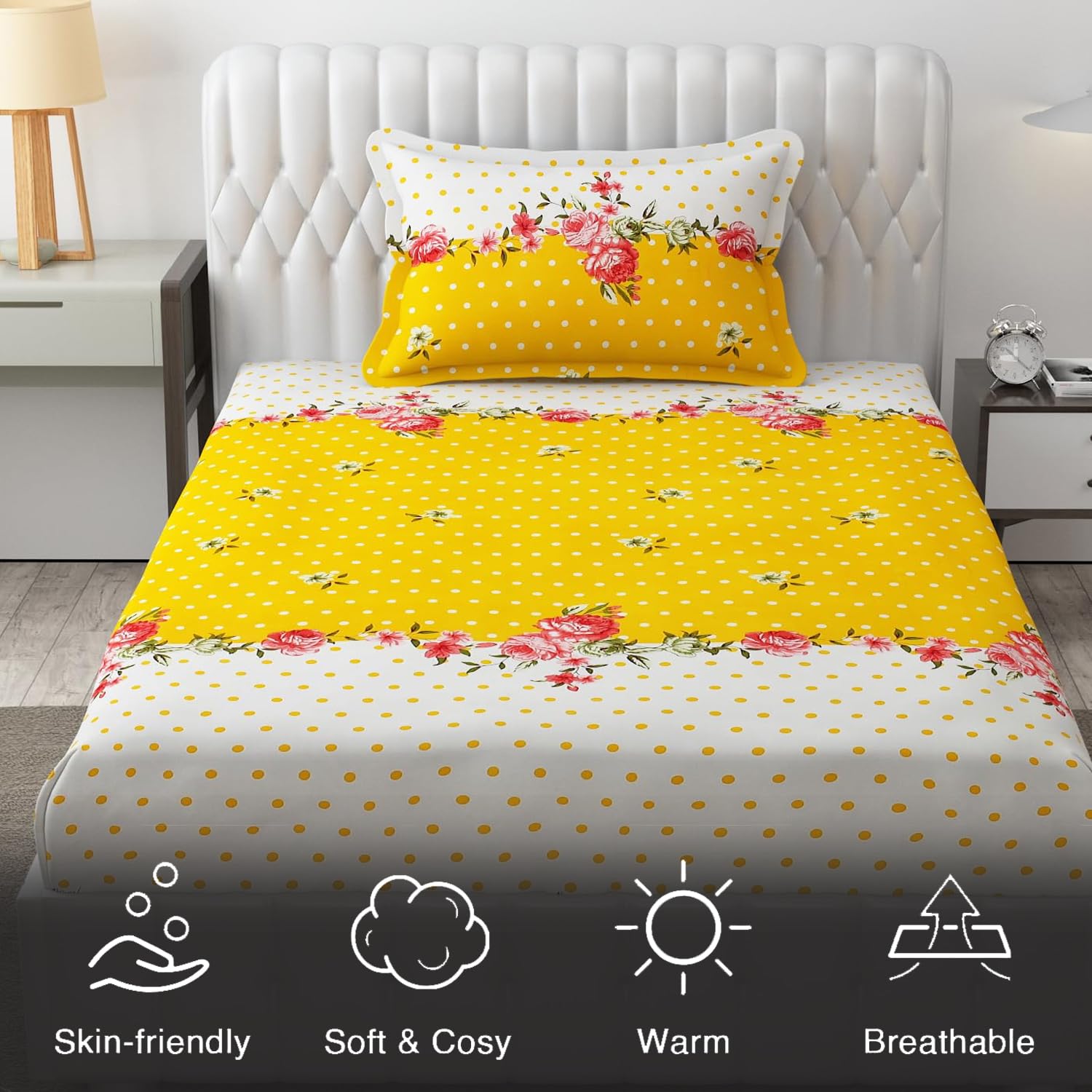 Microfiber Single Bedsheet Set With 1 Pillow Covers (60 X 90 Inches) Yellow & White | Durable & Long-Lasting | 144 Thread Count | Wrinkle Free