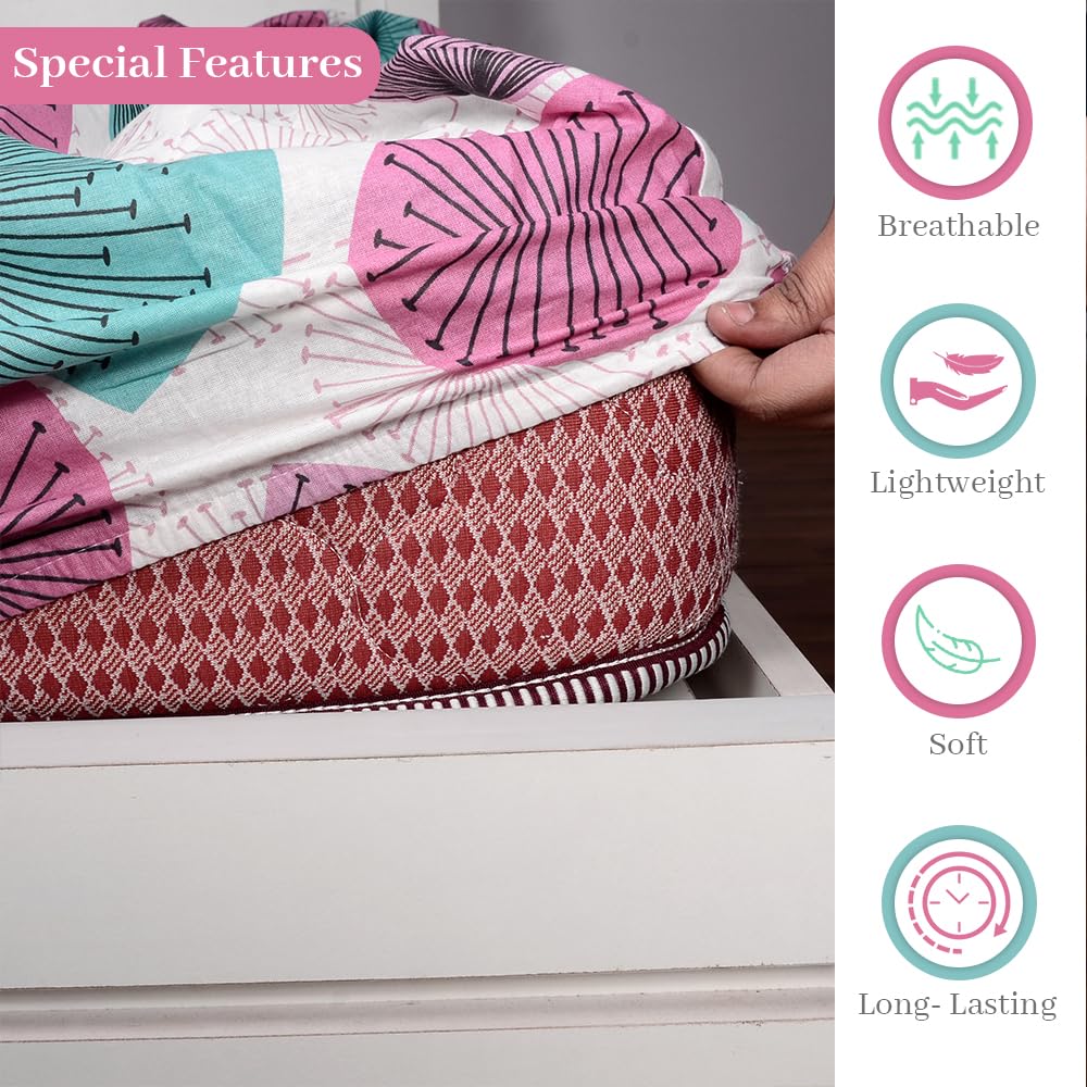 Double Bedsheet For Queen Size With 2 Pillow Covers - 60 X 78 Inches, Pink & White | All Around Elastic Fitted Soft, Lightweight & Breathable Cotton Bedsheet
