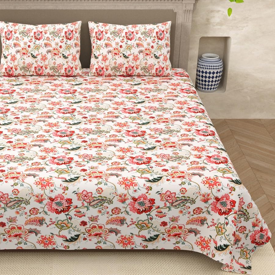 Jaipuri Cotton Bedsheet For King Size With 2 Pillow Covers | 93 X 108 Inches, White & Red | Ultra-Soft & Skin-Safe | Breathable Summer Comfort