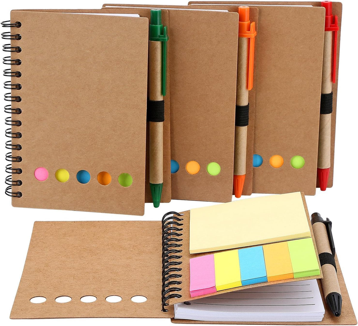 Ruled Spiral Notebook With Sticky Notes Kraft Paper Cover Notepad With Pen | Pack Of 4 - 200 Pages