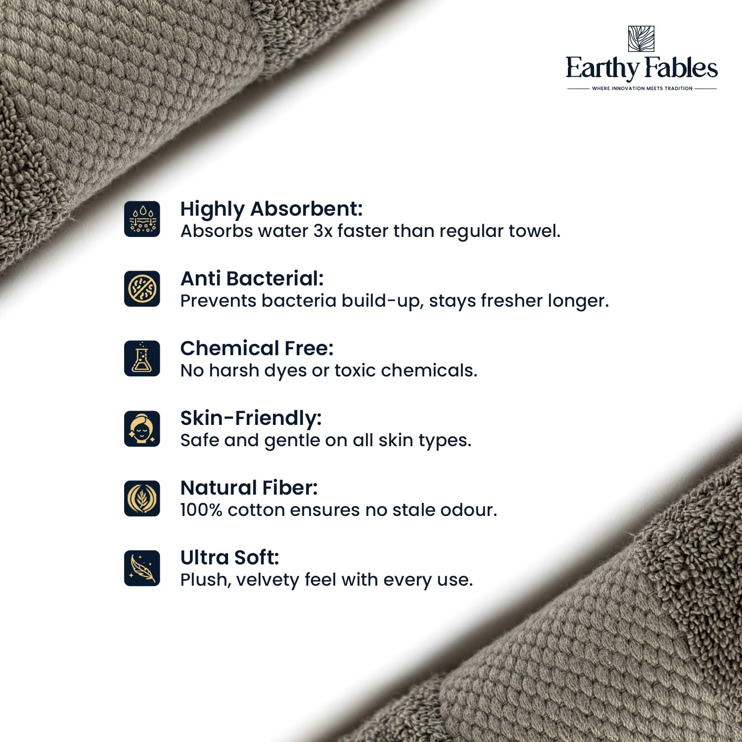 Earthy Fables Premium Bath Towel 600 Gsm | 100% Combed Cotton Ultra Soft, Quick Dry & Highly Absorbent For Home, Travel & Acne-Prone Skin | 140 X 70 Cm (Grey)