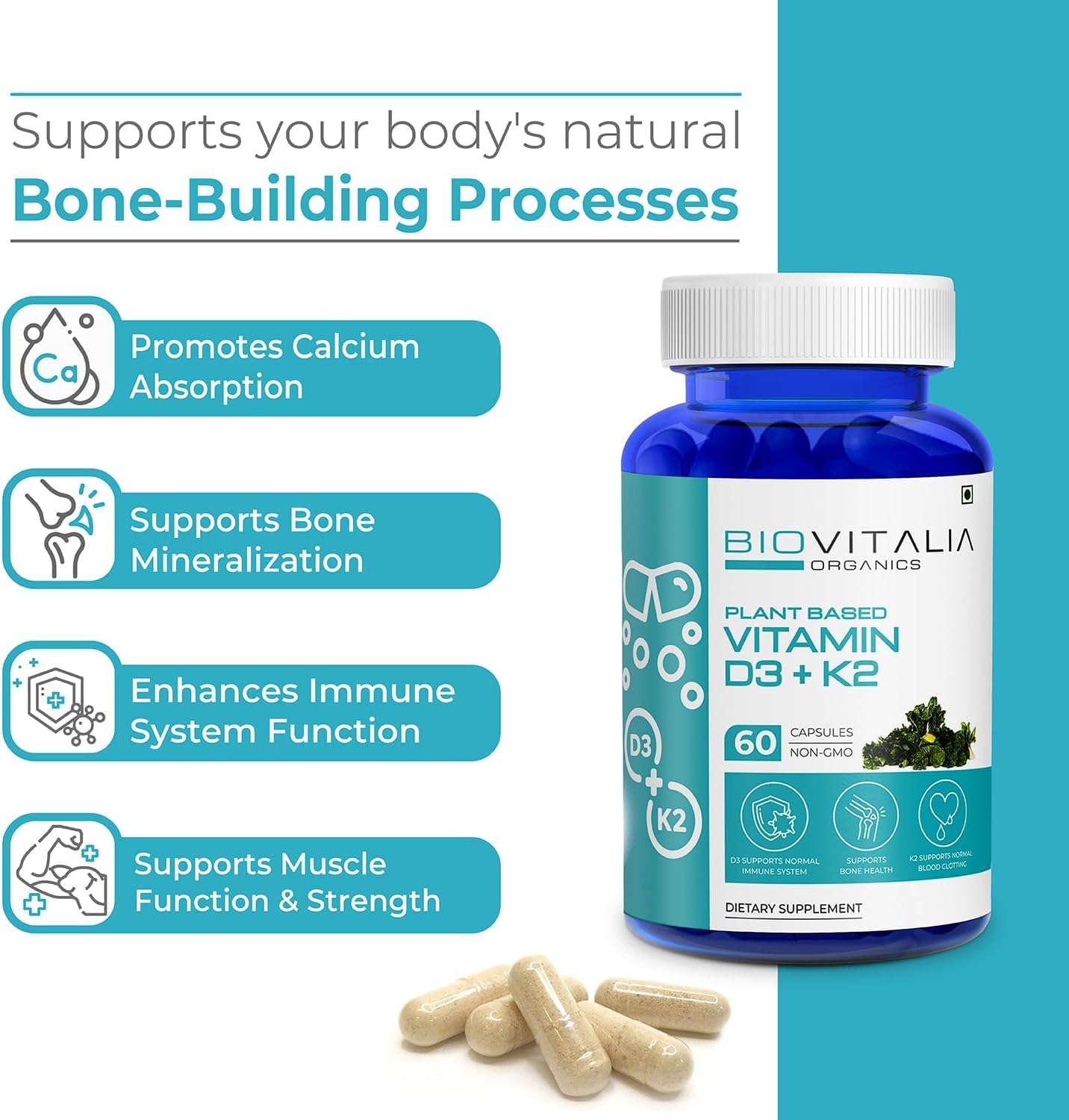 Biovitalia Organics Plant Based Vitamin D3 + K2 Capsules For Men & Women, Dietary Supplement | Supports Immune System & Bone Health | 60 Vegan Capsules , 100gm 0.2lbs