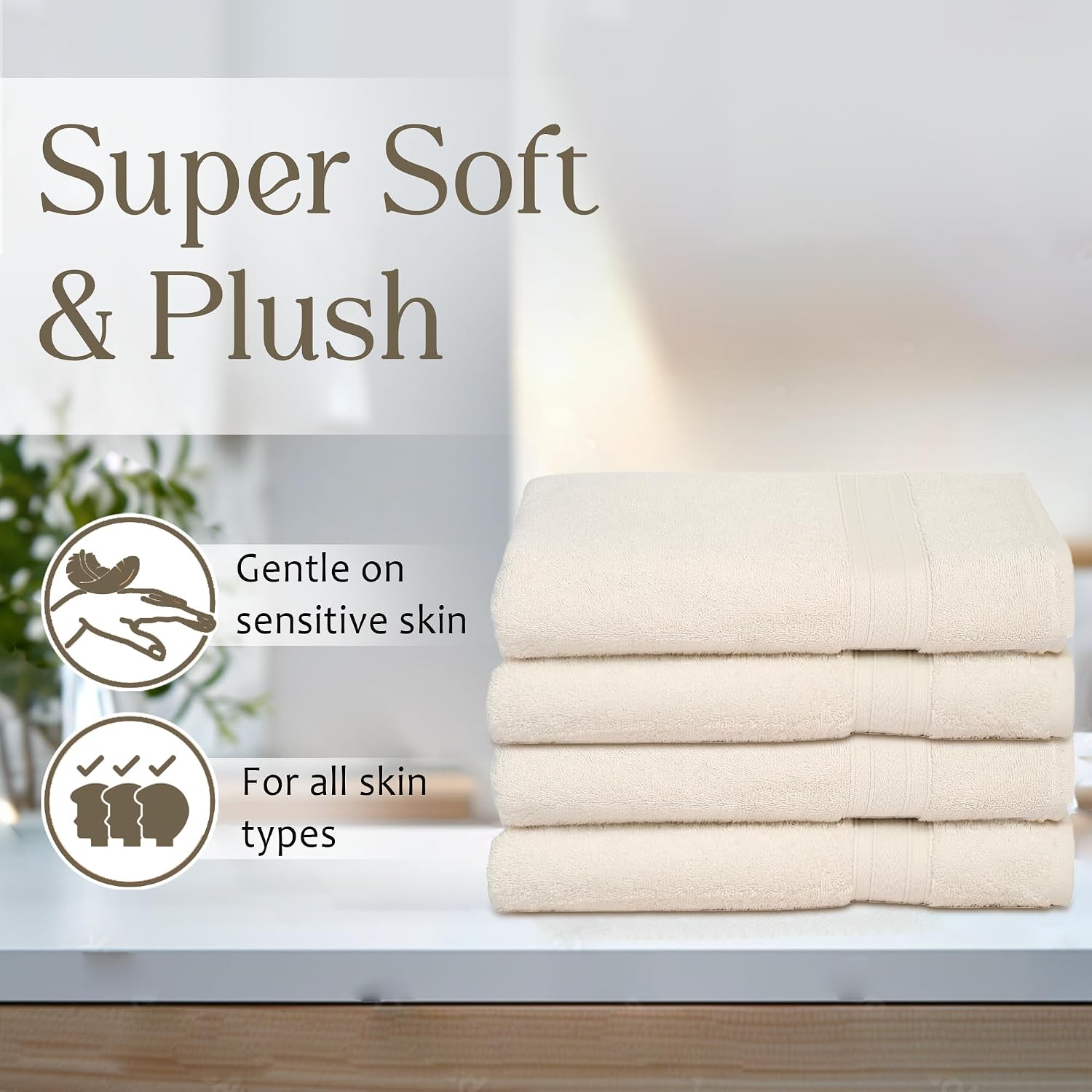 Ambra Linens Highly Absorbent Bath Towel 1850 Gsm | 100% Cotton Soft & Plush All Seasons Use Large Size -4 Pcs (Cream)