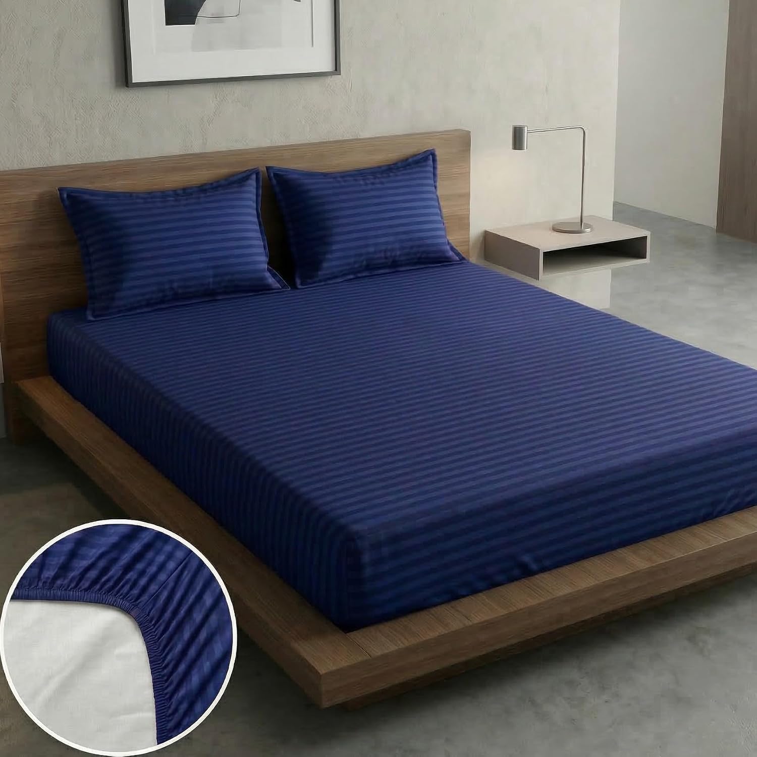 Blue Stripe Elastic Fitted Double Bedsheet (72x78 Inches) With 2 Pillow Covers | Soft To Touch & Comfortable | 300 Thread Count