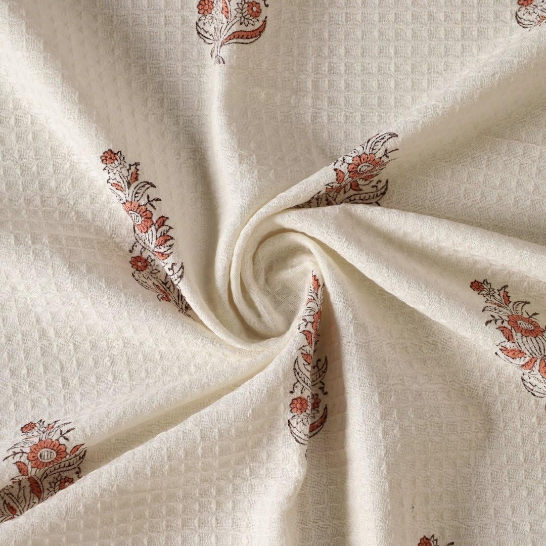 Peepul Tree 100% Pure Cotton Block Printed 2 Hand Towels 240 Gsm | Super Absorbent, Soft & Faster Drying, Floral Printed (Off-White Peach Floral)