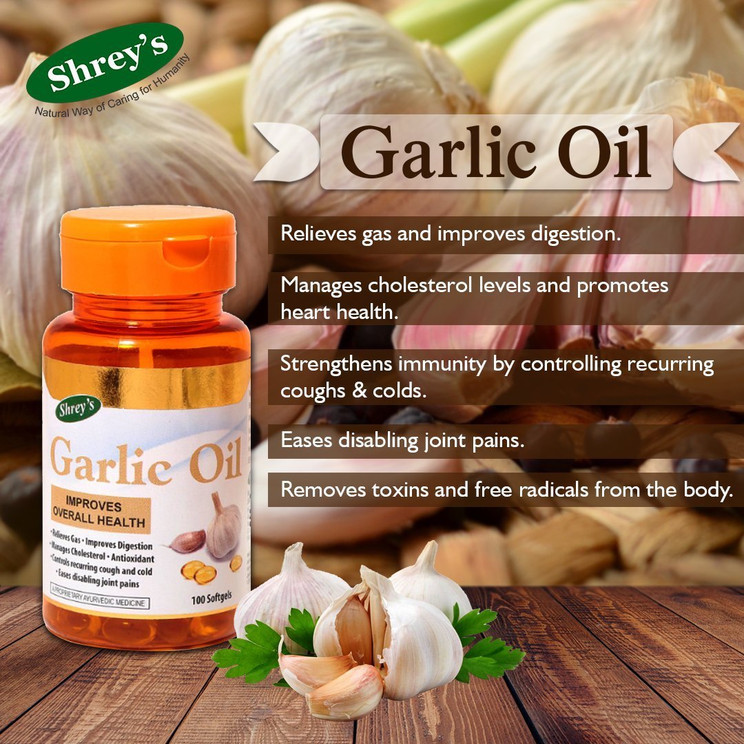 Shrey's Garlic Oil Capsules For Cardiovascular Support, Improves Digestion & Overall Health Support | 100 Capsules 100gm 0.2lbs Each Pack Of 4