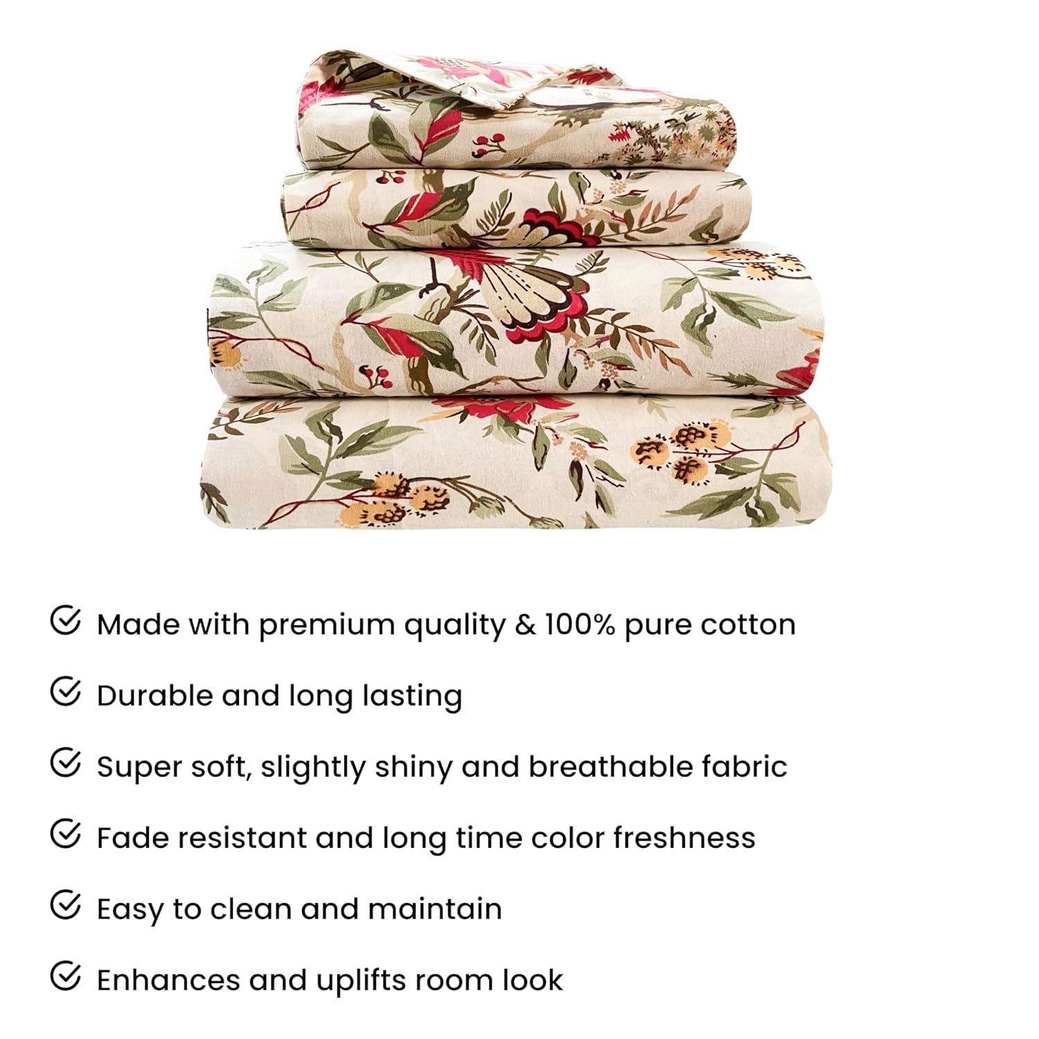 Hand Printed Cotton Bedsheet For King Size With 2 Pillow Covers | 90 X 108 Inches, White & Red | Ultra-Soft & Skin-Safe | Breathable Summer Comfort