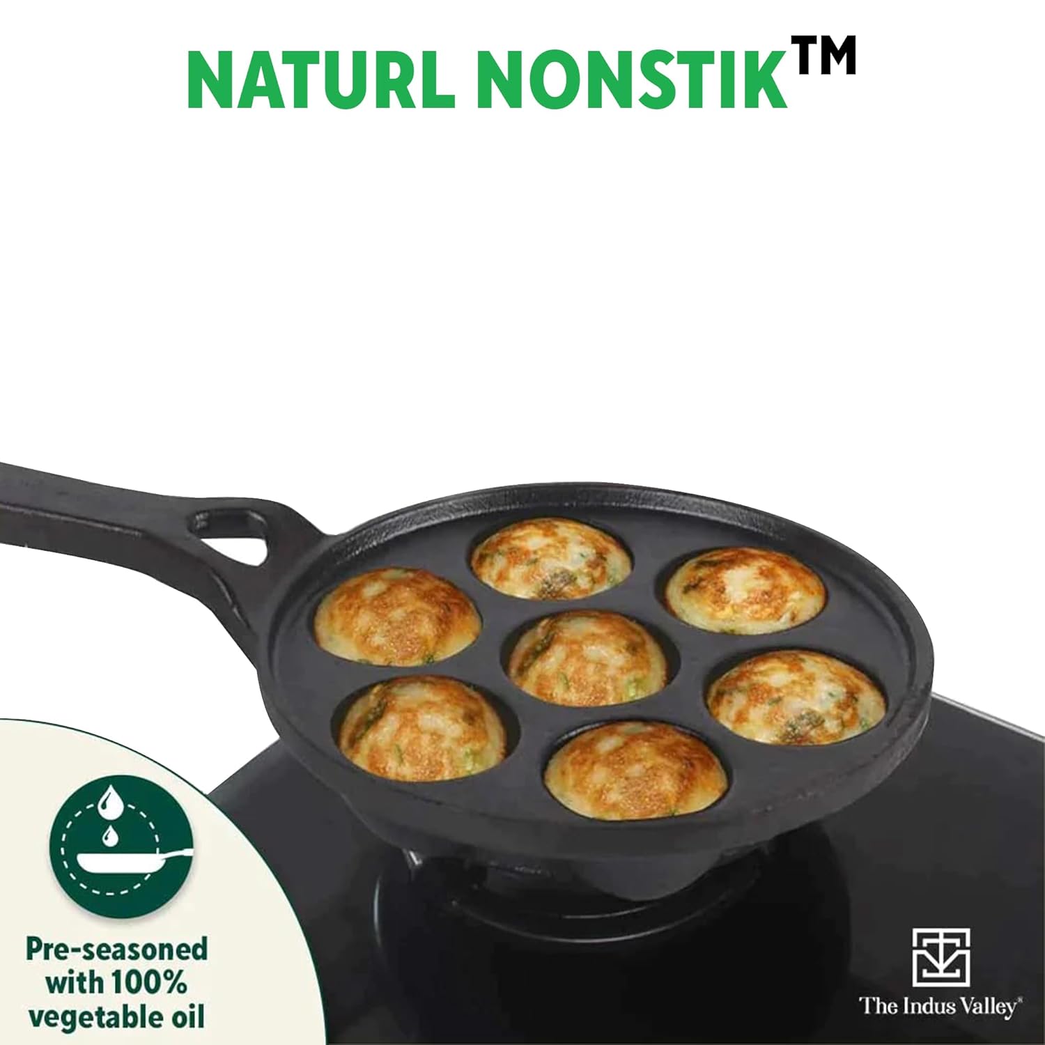 Super Smooth Black Cast Iron Paniyaram Pan With Long Handle & Glass Lid - 7 Pit, 21cm, 8.3 Inch, 1.9 Kg | Gas Compatible, Pre-Seasoned, 100% Toxin-Free, Naturally Nonstick