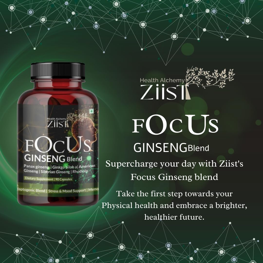 Ziist Focus Ginseng Blend Panax, Ginseng Ginkgo Bilobal American, Siberian Ginseng, Rhodiola Dietary Supplement | 90 Capsules 150gm 0.3lbs