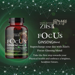 Ziist Focus Ginseng Blend Panax, Ginseng Ginkgo Bilobal American, Siberian Ginseng, Rhodiola Dietary Supplement | 90 Capsules 150gm 0.3lbs