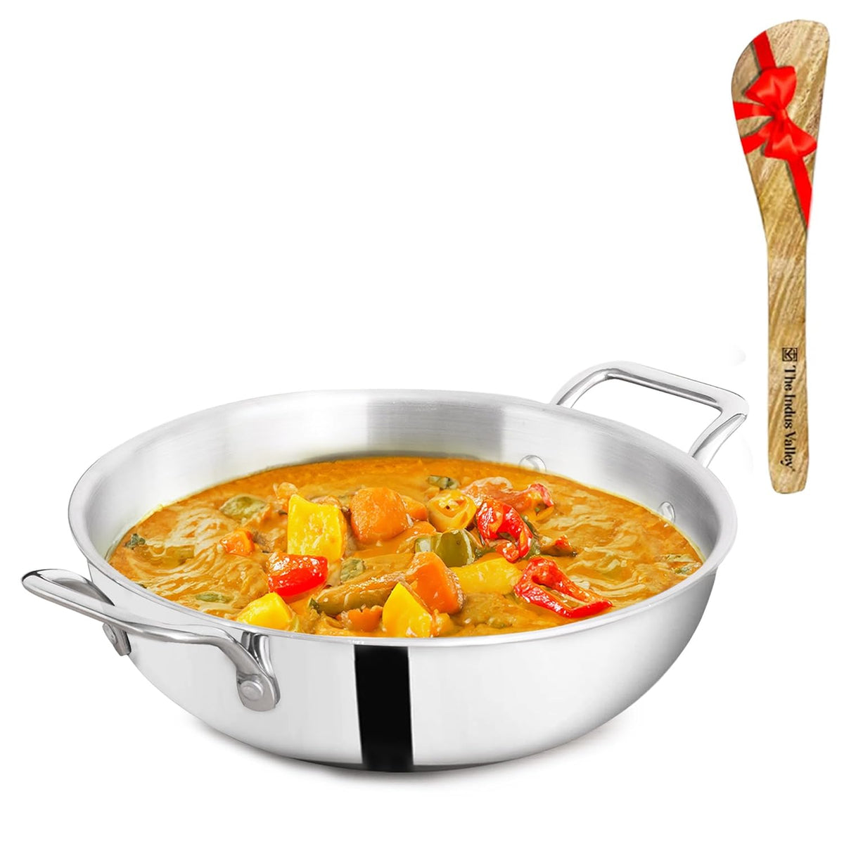 Triply Stainless Steel Kadai Or Kadhai With Free Wooden Spatula For 5-6 People - Large, 26cm, 10.2 Inch, 4 Liters, 1.3 Kg | Induction Friendly, Nonstick 3-Layer Body, No Chemical Coating