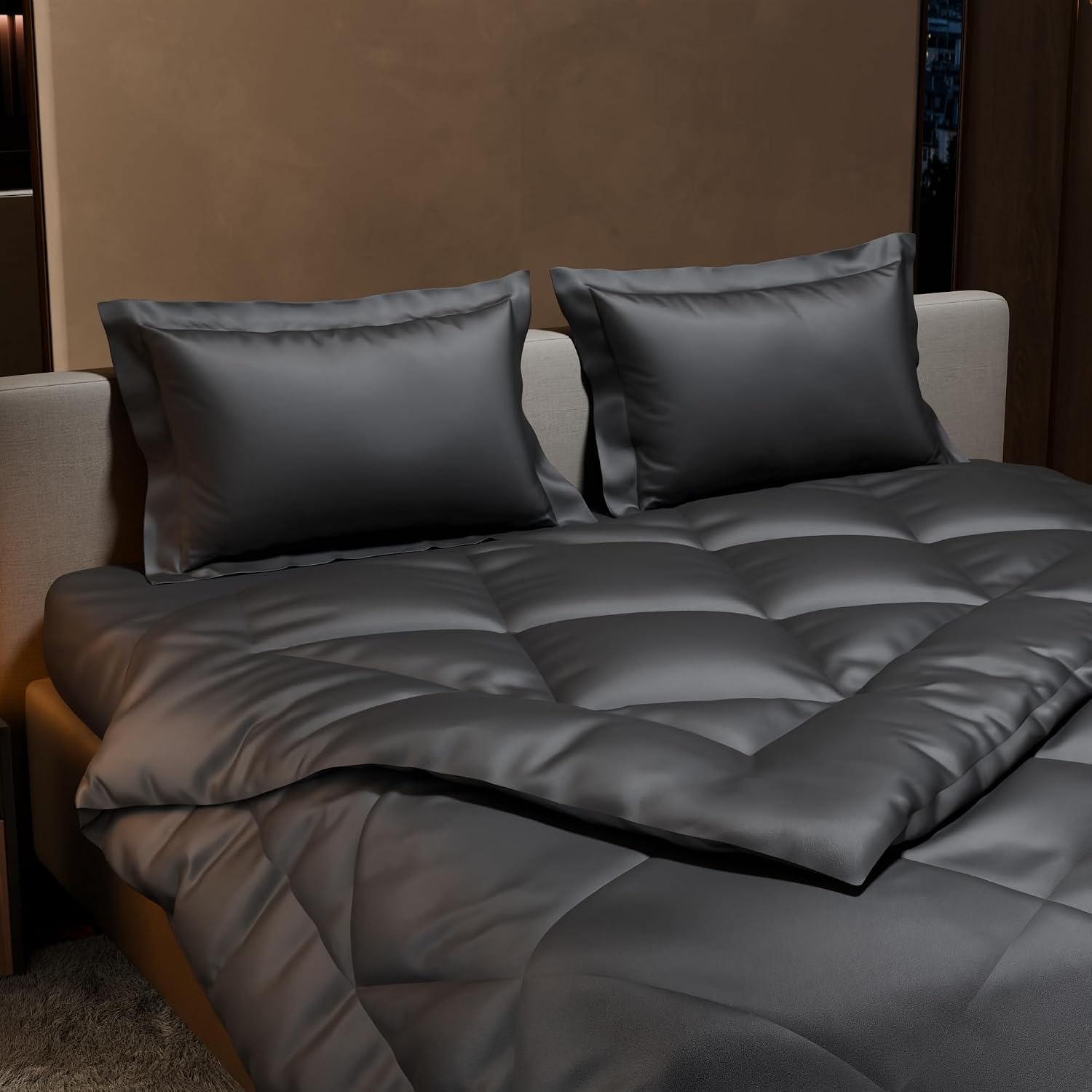 Comforter Set With Double Bedsheet & Pillow Covers - 90 X 100 Inches, Dark Grey | Complete Bedding Set, Ideal Gifts For Couples, Bedroom Home Furnishing, Date Night