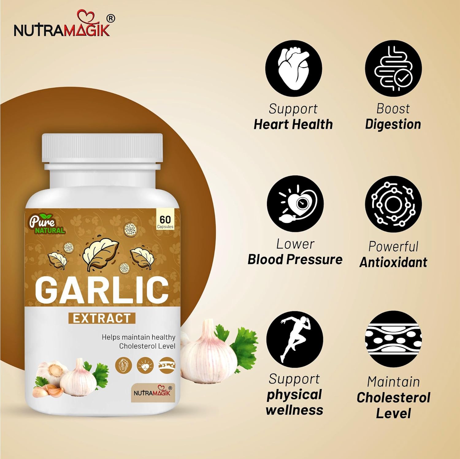 Nutramagik Pure Natural Garlic Extract Capsules, Helps Maintain Healthy Cholesterol Level, Helps Maintain Healthy Cholesterol Levels In The Body | 60 Capsules 100gm 0.2lbs