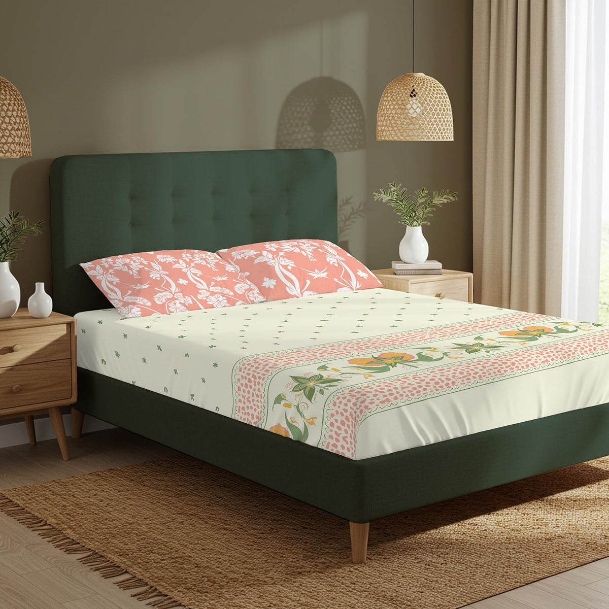 Double Bedsheet For Queen Size With 2 Pillow Cover - Size 88 X 100 Inches, Cream & Peach | Ideal Gifting Choice For Housewarmings, Weddings, Or Anniversaries