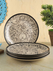 Hand Painted Ceramic Dinner Serving Plates Set Of 4 - Off White & Black, 25 Cm | Full Plates - Ceramic Platter - Kalamkari Collection