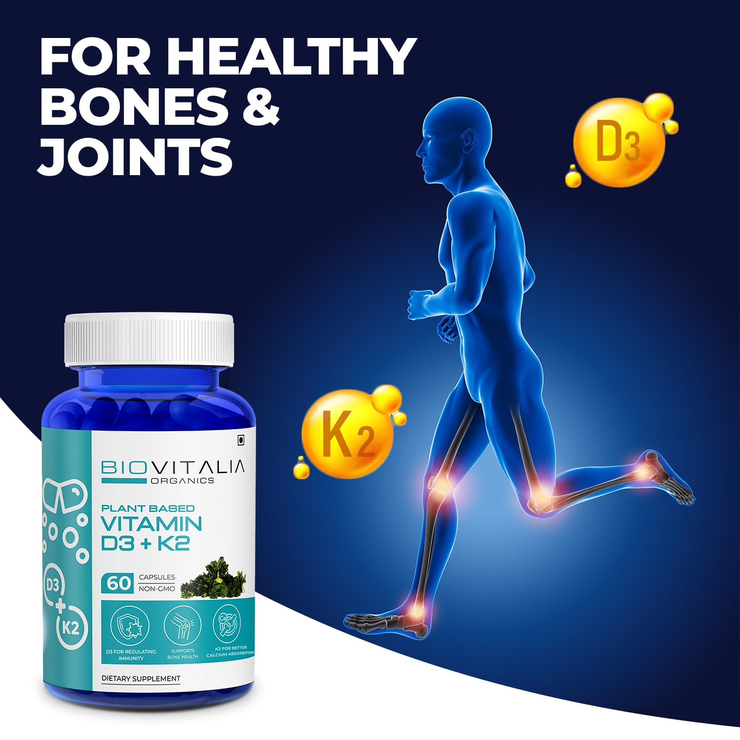 Biovitalia Organics Plant Based Vitamin D3 + K2 Capsules For Men & Women, Dietary Supplement | Supports Immune System & Bone Health | 60 Vegan Capsules , 100gm 0.2lbs