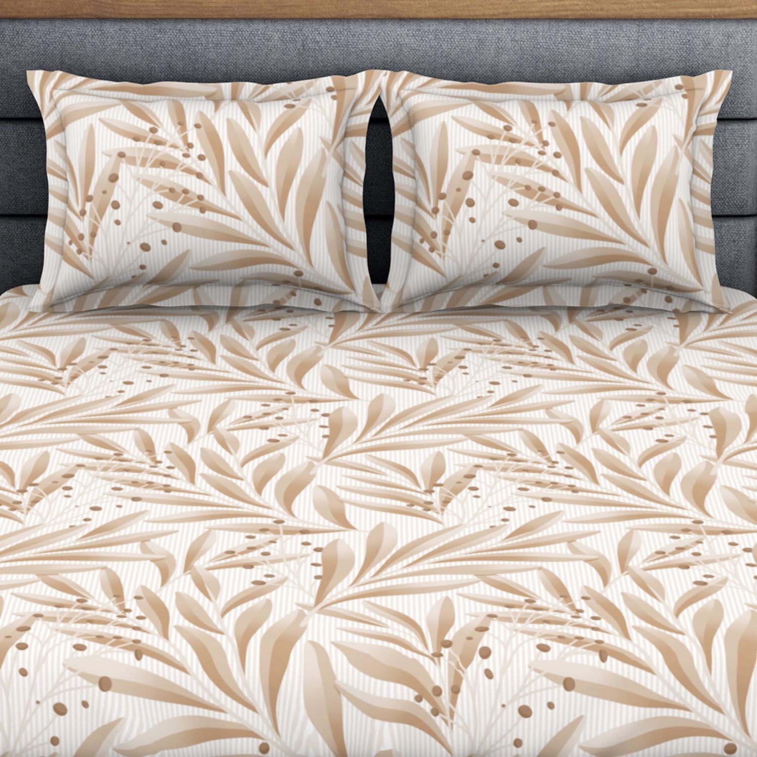 King Size 1 Double Bedsheet With 2 Pillow Covers - Size 108 X 108 Inches, Beige & White | Soft Feel Wrinkle Resistance | Durability & Comfort, Breathable