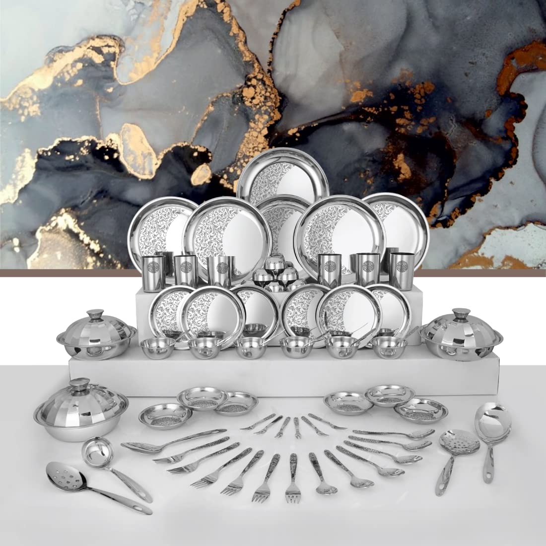 Designer Stainless Steel Delight Laser Bloom Dinner Set Of 68 Pieces, Silver | Easy To Clean & Dishwasher Safe