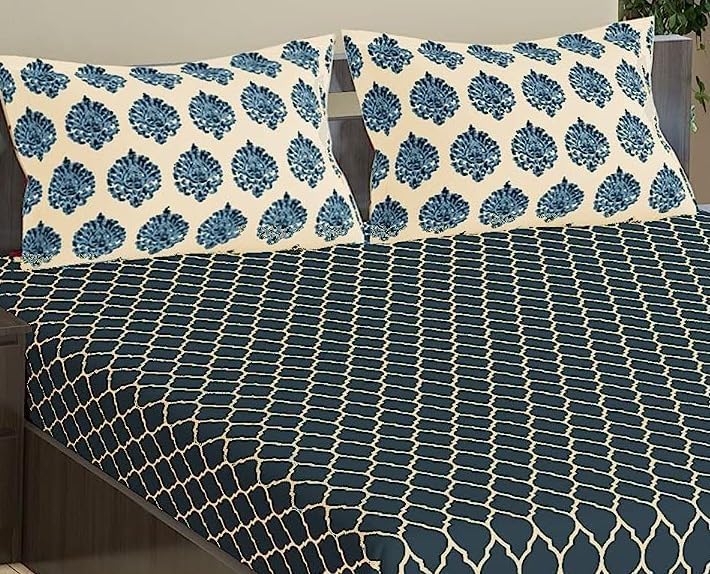 Jaipuri Design Cotton King Size Printed Bedsheet With 2 Pillow Covers - 108 X 108 Inches, Cream & Deep Sea Blue | Ideal For Home Use & Perfect For Gifting On Weddings, Housewarmings & Festivals