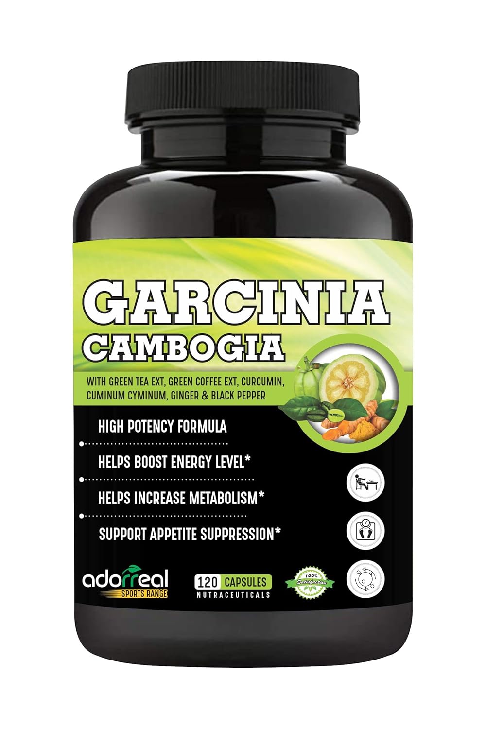 Adorreal Garcinia Cambogia, Green Tea, Green Coffee, Curcumin, Ginger & Black Pepper Extract Weight Loss Supplement, Improves Digestion | 120 Capsules 150gm 0.3lbs