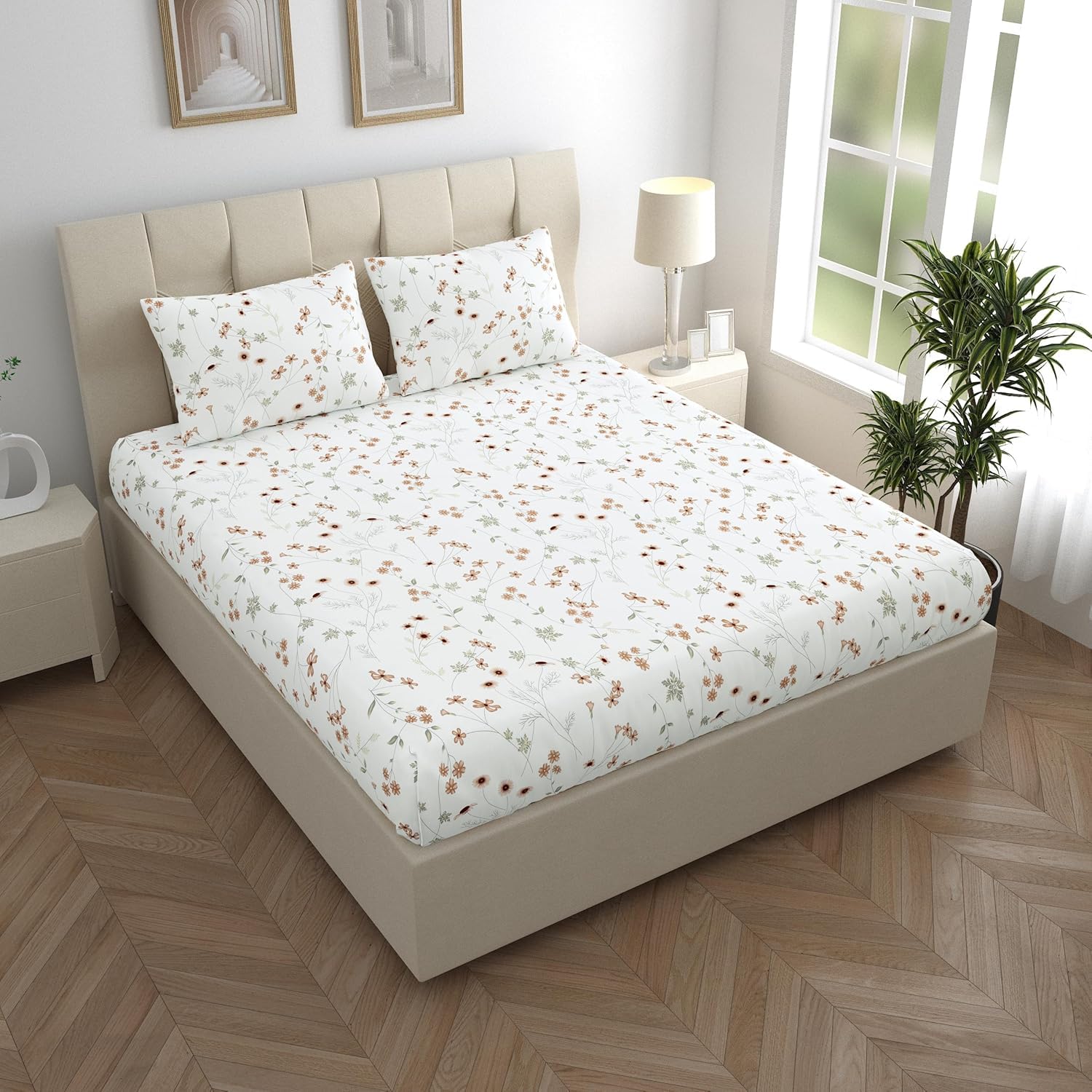 Bedsheet For King Bed Size Bedding With Pillow Cover For Bedroom - 108 X 108 Inches, Crimson & White | Ideal For Hotel, House, Guest House